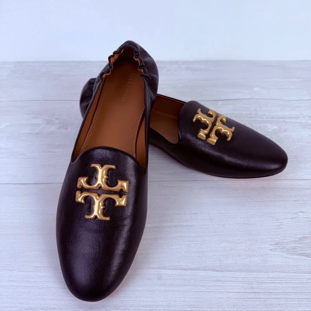 Tory Burch Eleanor Loafers Flats‎ Size 11 Black Leather Gold Logo Classic Chic